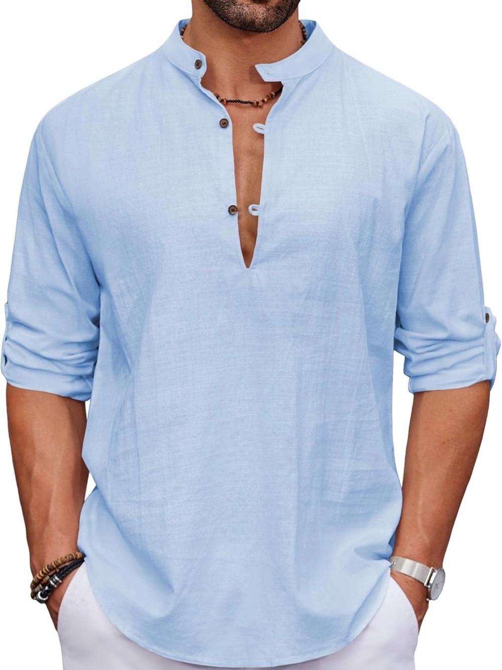 Casual Light Blue Mandarin Collar Button-Front Shirt for Men picnic beach 1234